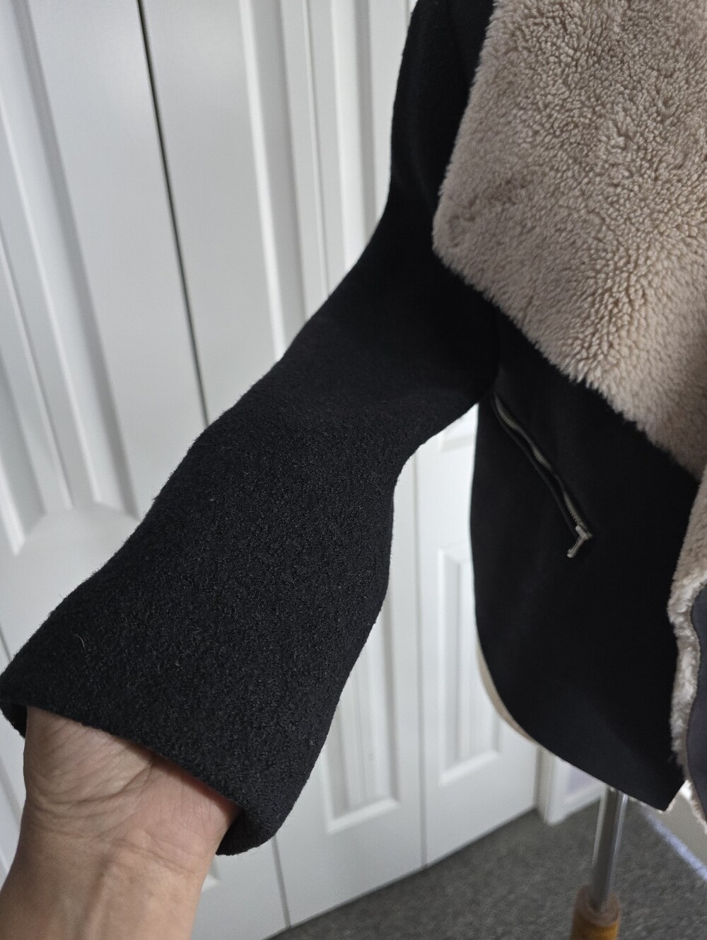 ZARA Black Trafaluc Shearling Style Jacket W/Faux Fur Draped Collar Wool Blend - Picture 6 of 11
